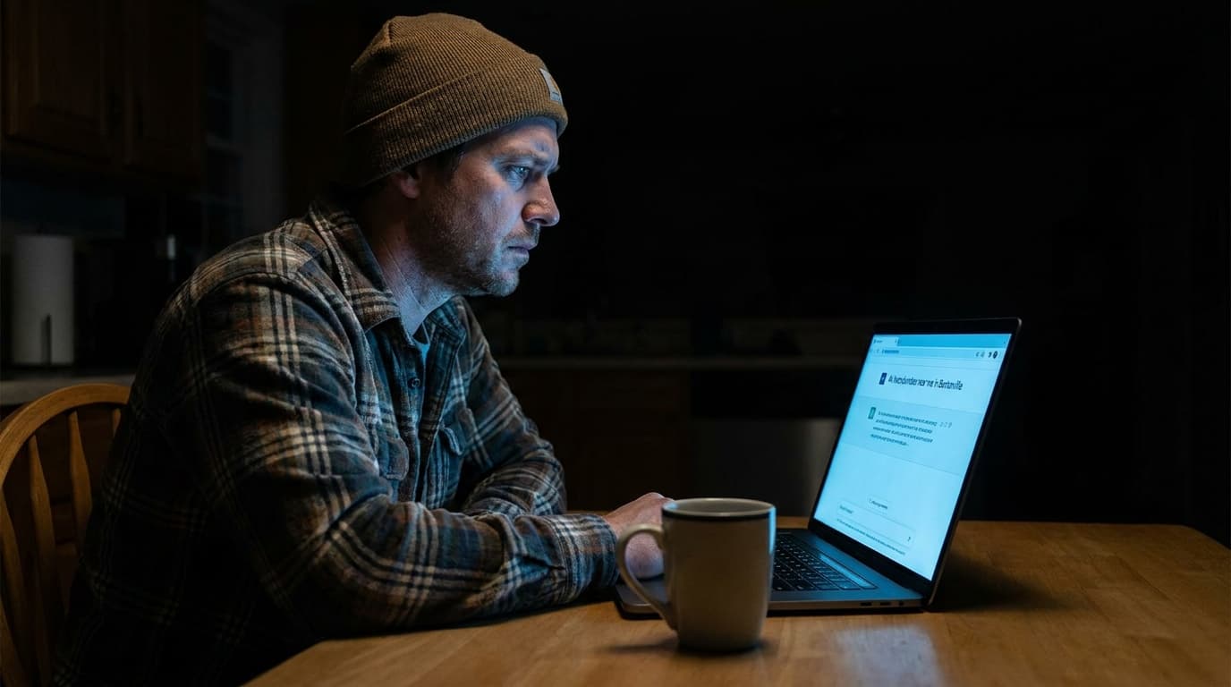 A contractor reviewing AI search results on a laptop, with ChatGPT and Google AI Overviews visible on screen.