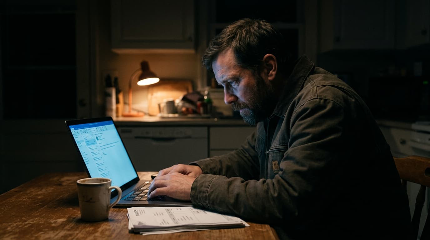 A contractor at his kitchen table late at night, checking his email inbox on a laptop.