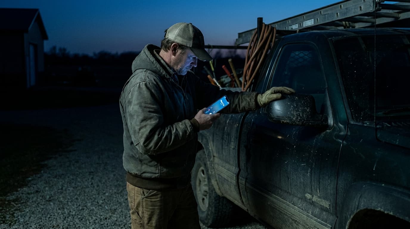 A contractor standing beside his truck at dusk, looking down at a missed call notification glowing on his phone screen.