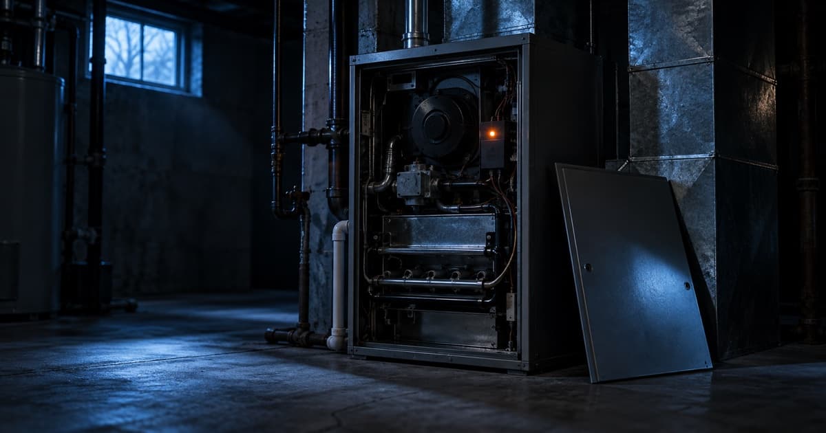 A furnace in a dark basement with its access panel off and a single orange status light glowing inside.