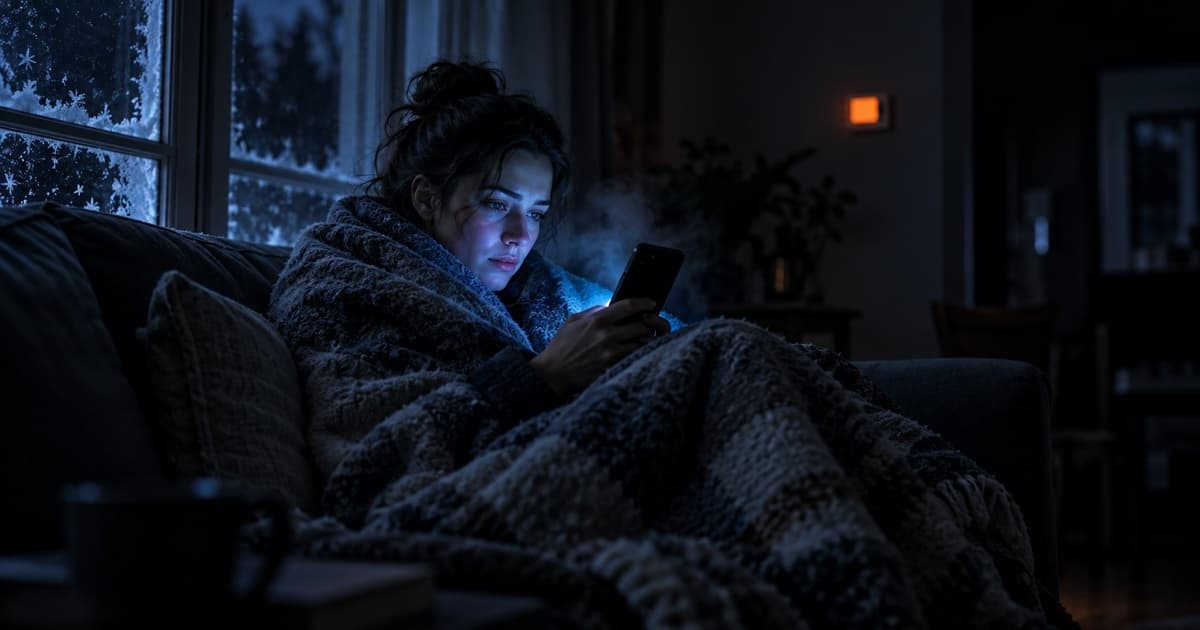 A homeowner wrapped in a blanket on the couch in a dark, cold living room at night, lit by a phone screen, with frost on the window behind them.