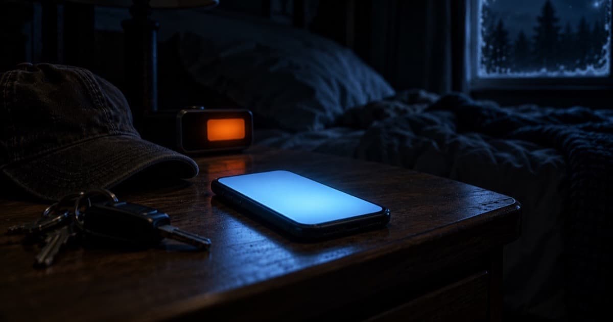 A phone lit up with an incoming call on a nightstand in a dark bedroom on a frosty night, with a work cap and truck keys beside it.
