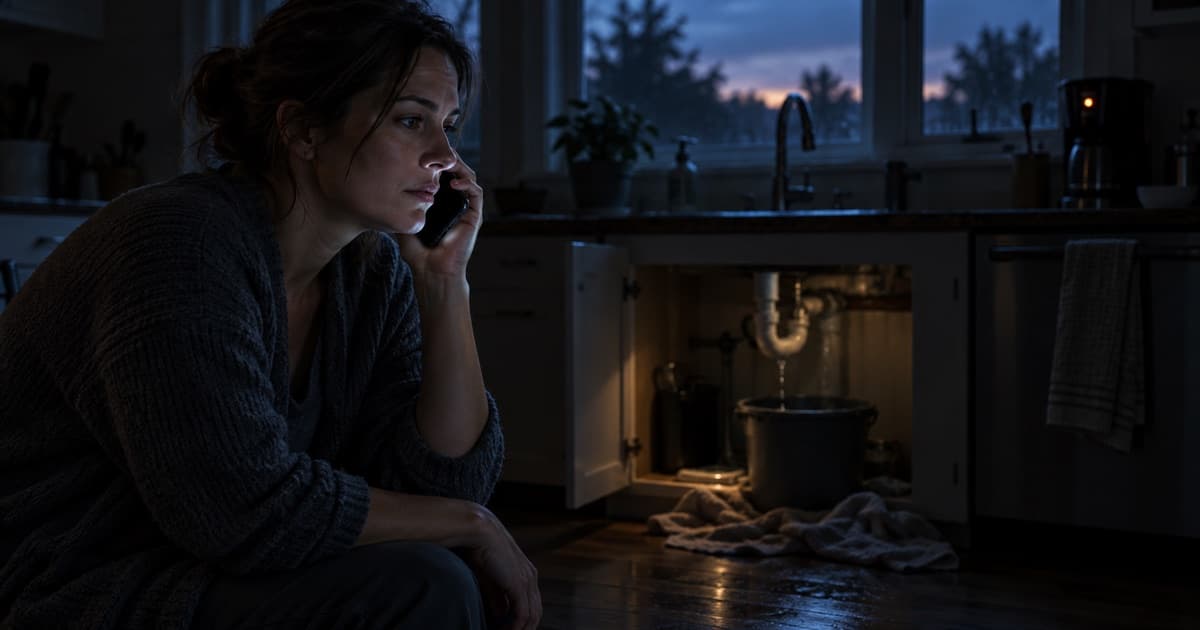 A homeowner in a dim kitchen at dusk holding a phone to her ear, waiting for an answer, with a bucket catching a leak under the open sink cabinet behind her.