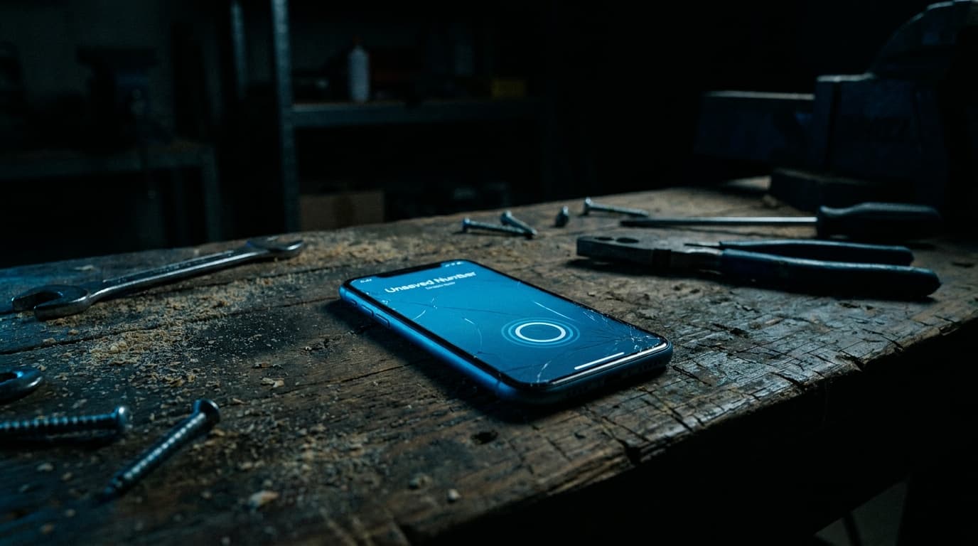A smartphone alone on a dusty garage workbench, screen lit up mid-ring with an incoming call, nobody there to answer it.