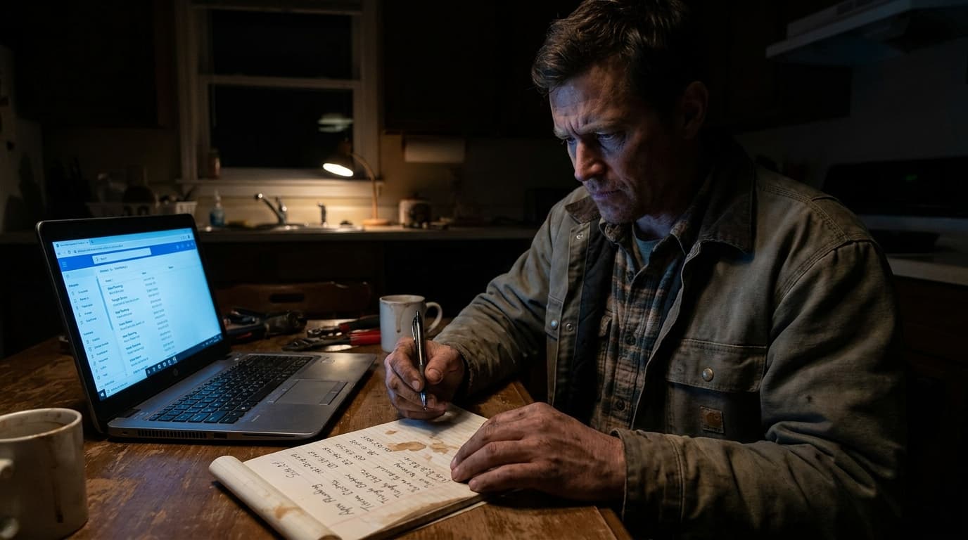 A contractor sitting at a kitchen table reviewing a printed list of his business directory listings, comparing name, address, and phone number entries across multiple sites to spot inconsistencies.