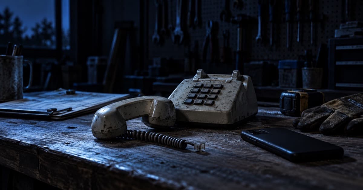 A dusty, unplugged office landline on a contractor's workbench at night, its cord lying loose beside a modern smartphone.