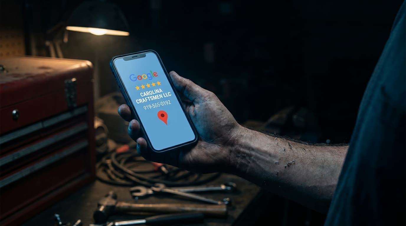 A contractor at a workbench reviewing their Google Business Profile on a laptop and smartphone.