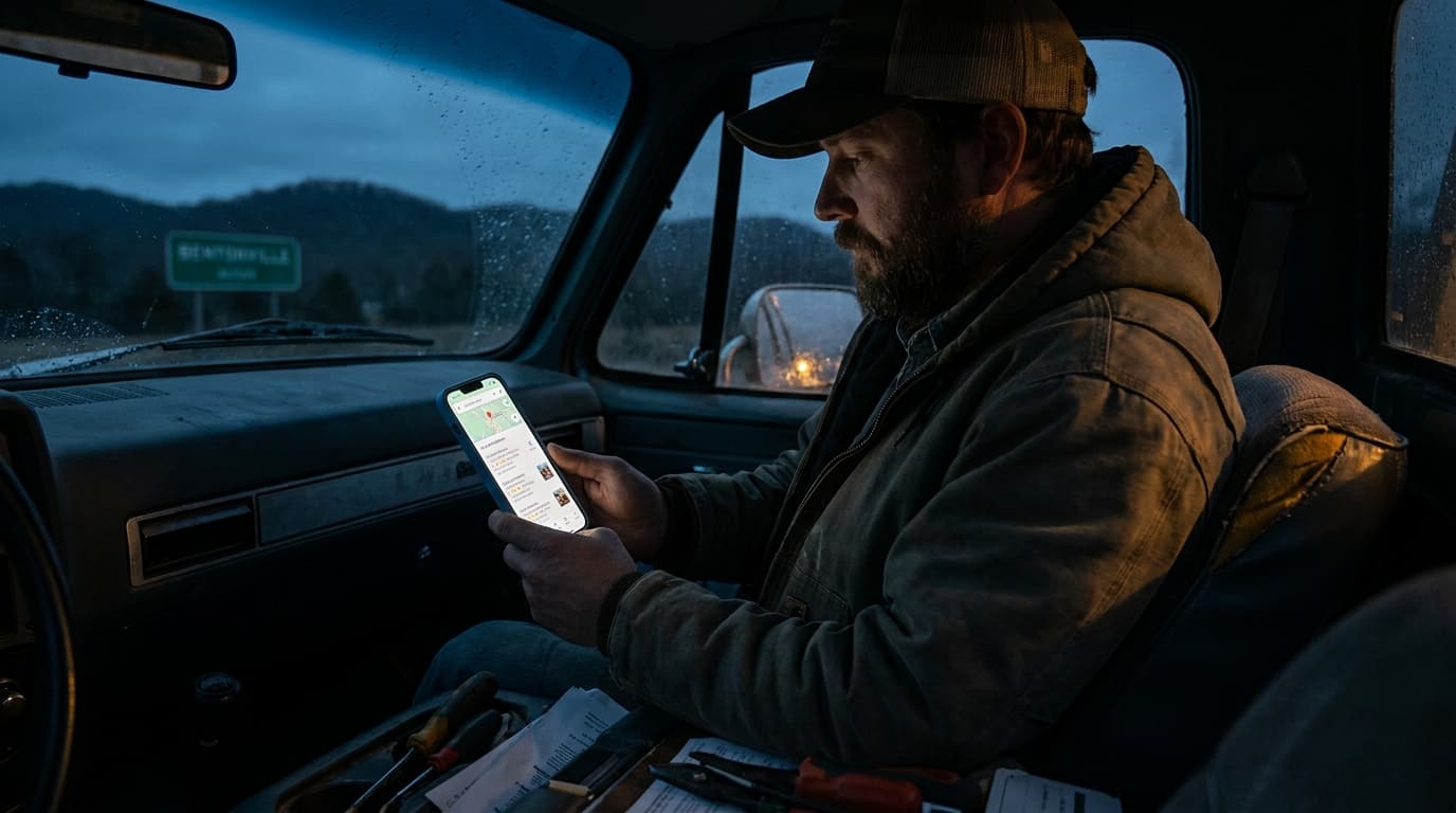 A contractor reviewing local SEO results on his phone outside a job site in Northwest Arkansas.