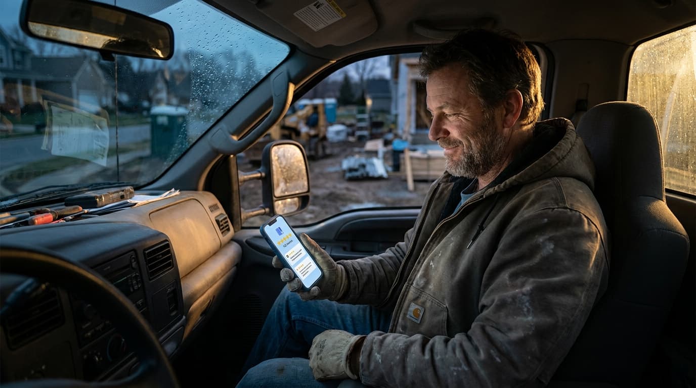 An NWA contractor sitting in his work truck at dusk checking a five-star Google review notification on his phone, with Carolina blue screen glow on his face.