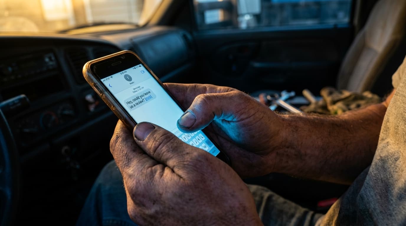 Close-up of a contractor's work-worn hands typing a Google review request text message on a smartphone, with a job site visible in soft focus in the background.