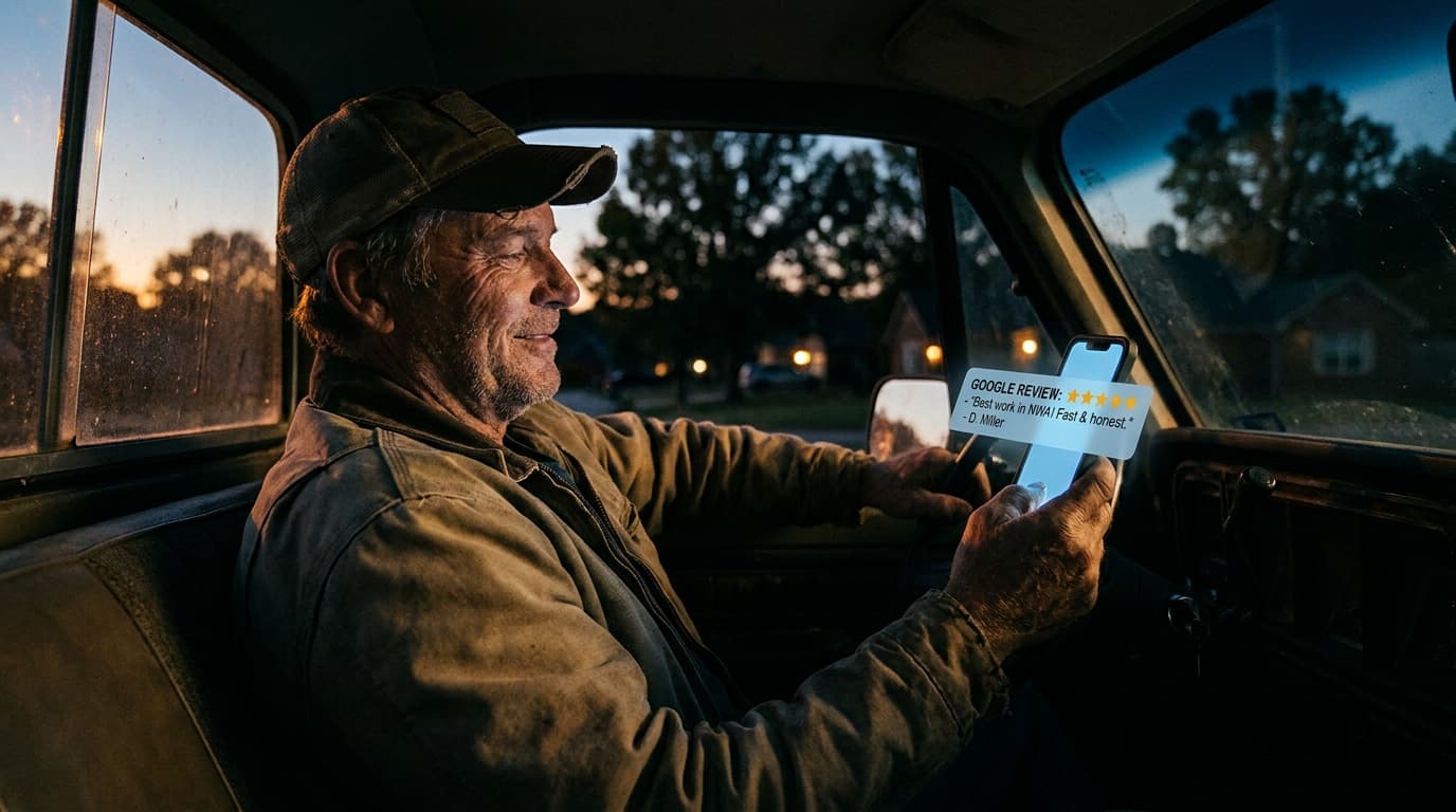 An NWA contractor checking a five-star Google review notification on his phone after completing a job, sitting in his work truck at dusk.