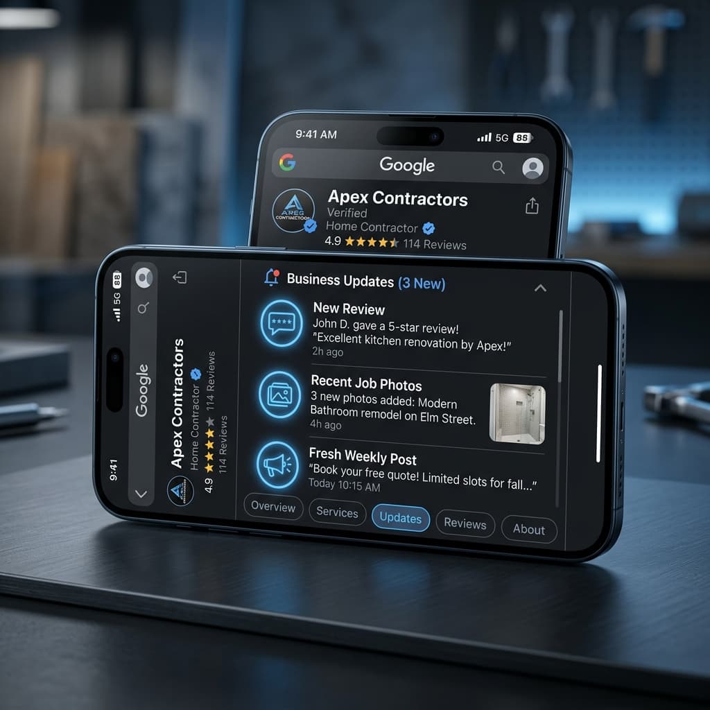 Cinematic representation of active Google Business Profile updates