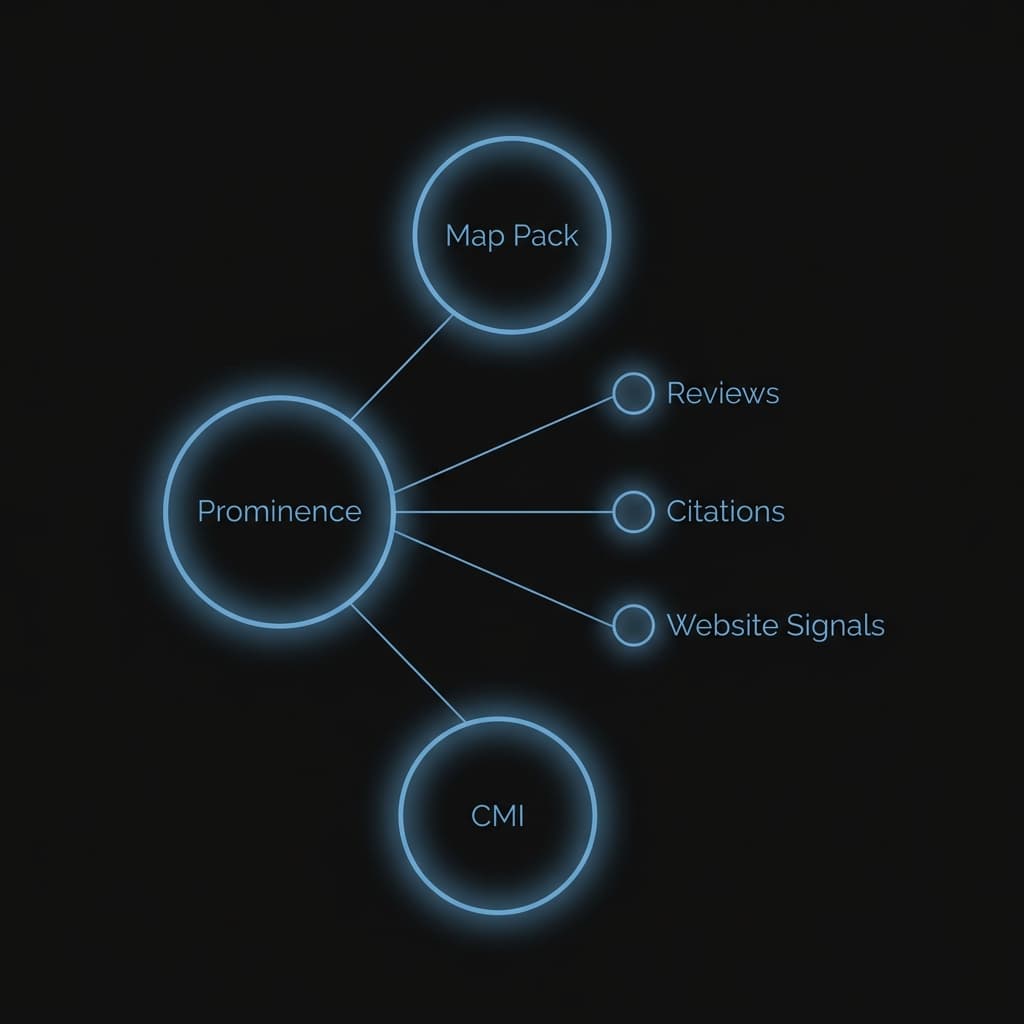 Diagram showing the three Google Map Pack ranking factors — relevance, distance, and prominence — with prominence broken into reviews, citations, and website signals