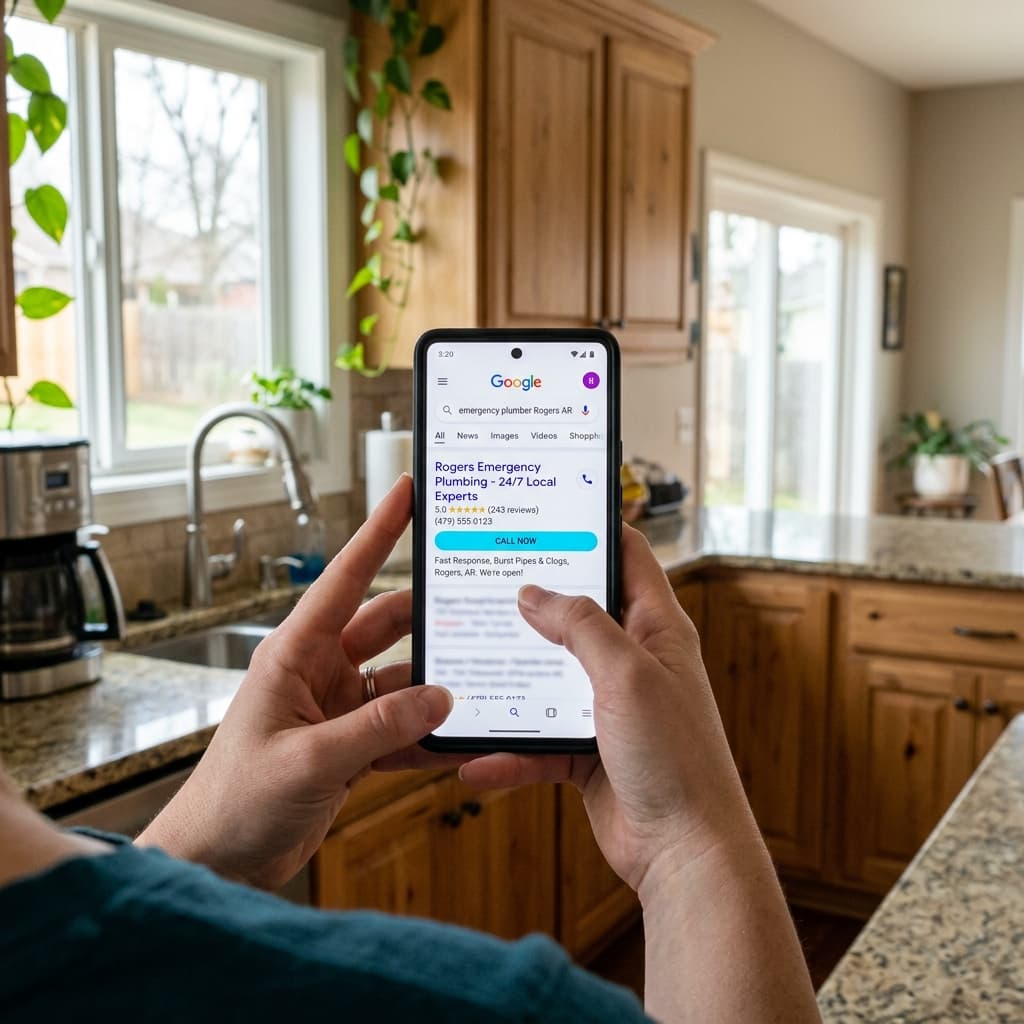 Person using a smartphone to search for a contractor in Northwest Arkansas