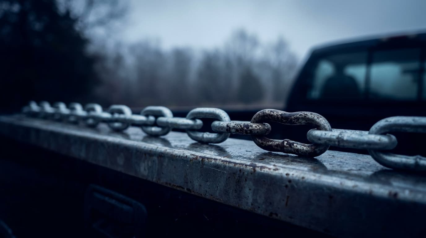 A heavy steel chain across a truck tailgate, with one worn, rusted link