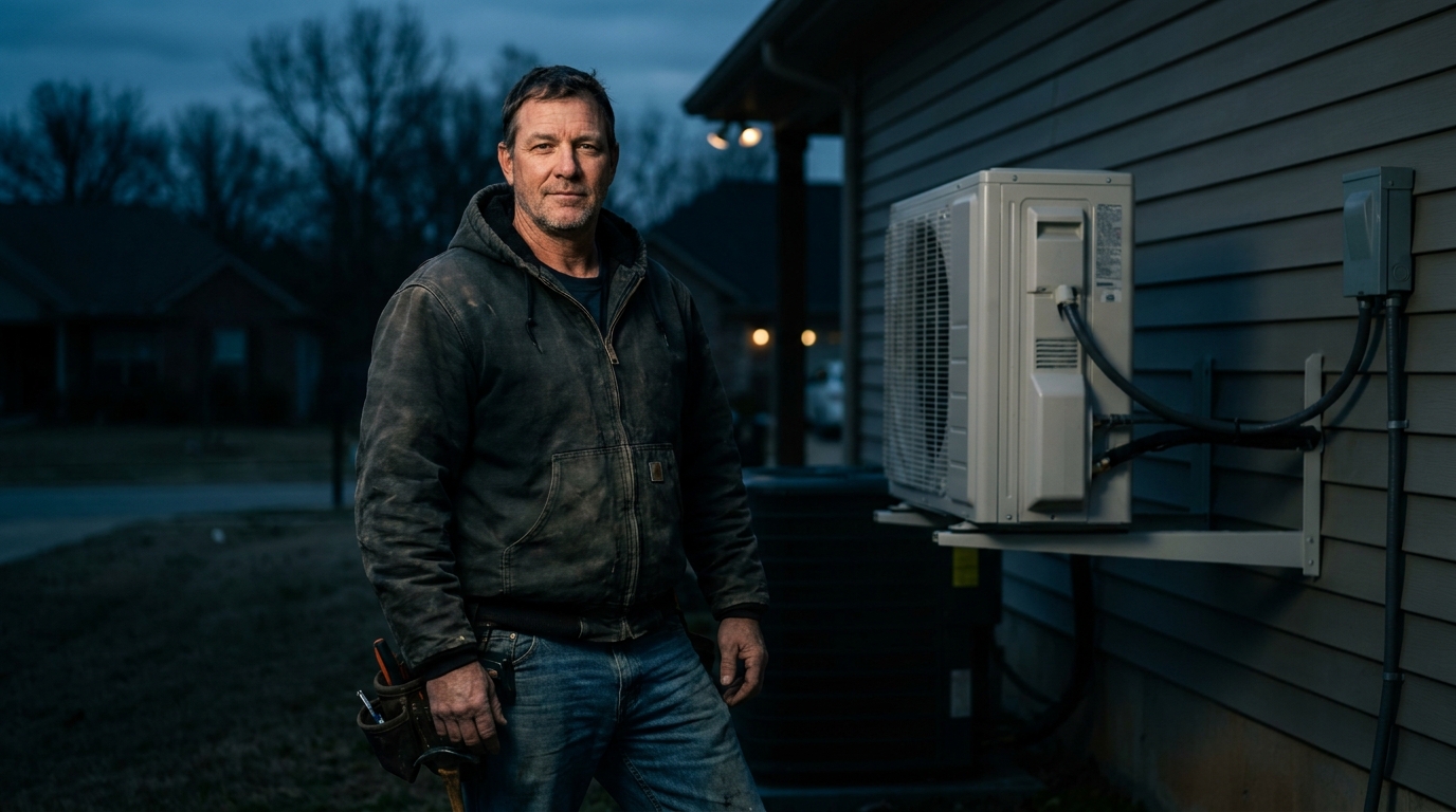An NWA contractor standing in front of a completed HVAC installation outside a residential home, looking directly at the camera with quiet confidence in late afternoon light.