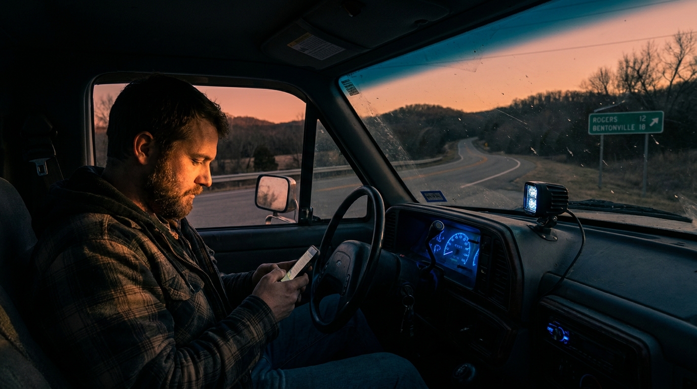 An NWA contractor sitting in his work truck on a rural road between towns, checking his phone, with Northwest Arkansas hills and highway signs visible in the background.