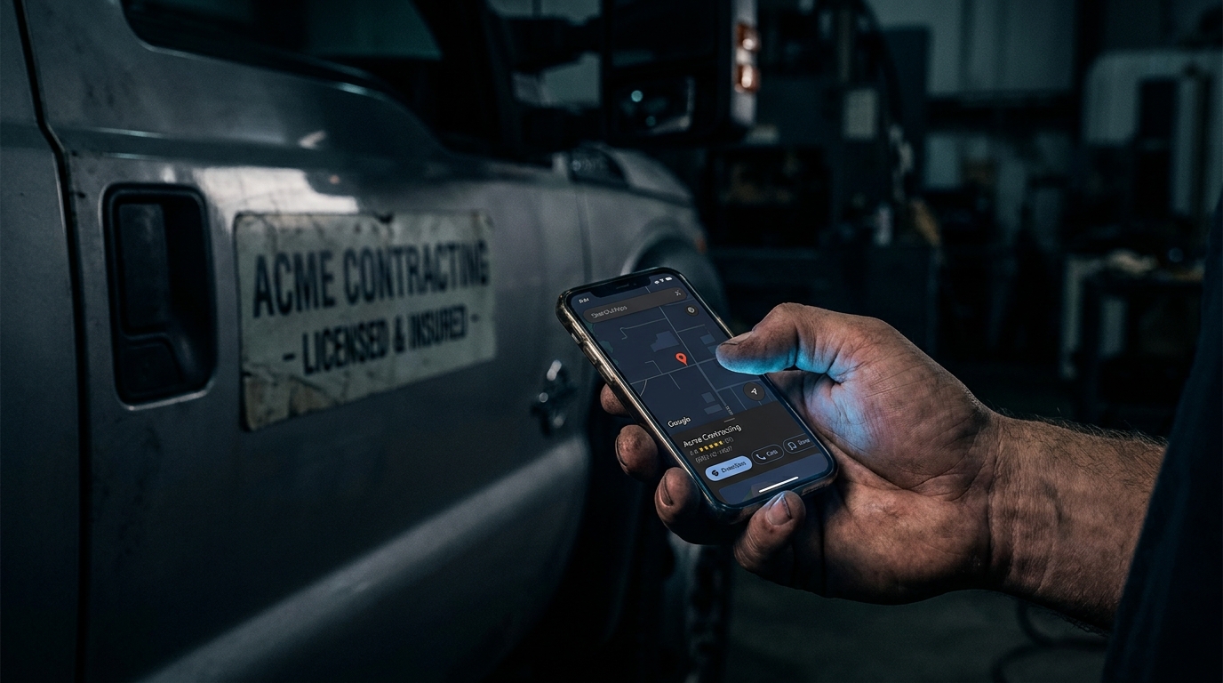A contractor's hand holding a smartphone showing their Google Maps business listing with star rating and contact info.