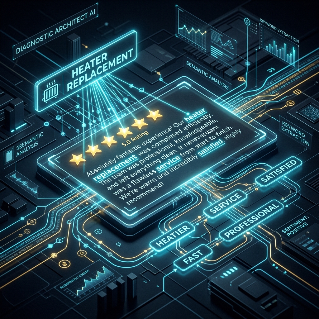 Diagnostic representation of AI scanning review text for local SEO ranking factors