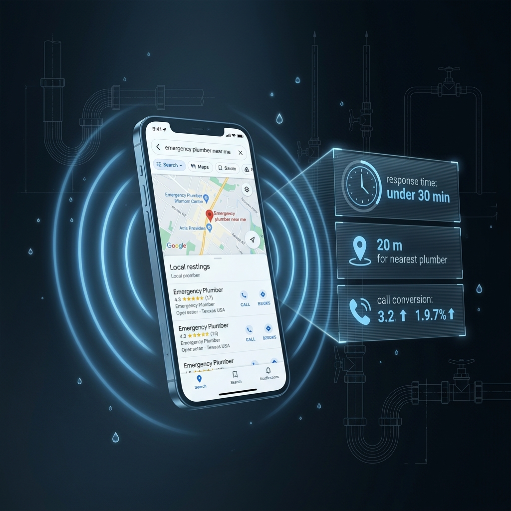 Diagnostic-style visualization of an emergency plumber search on a smartphone: Google Map Pack results with urgency radar pulses, response time and call conversion HUD metrics, pipe schematic wireframes in Carolina blue.