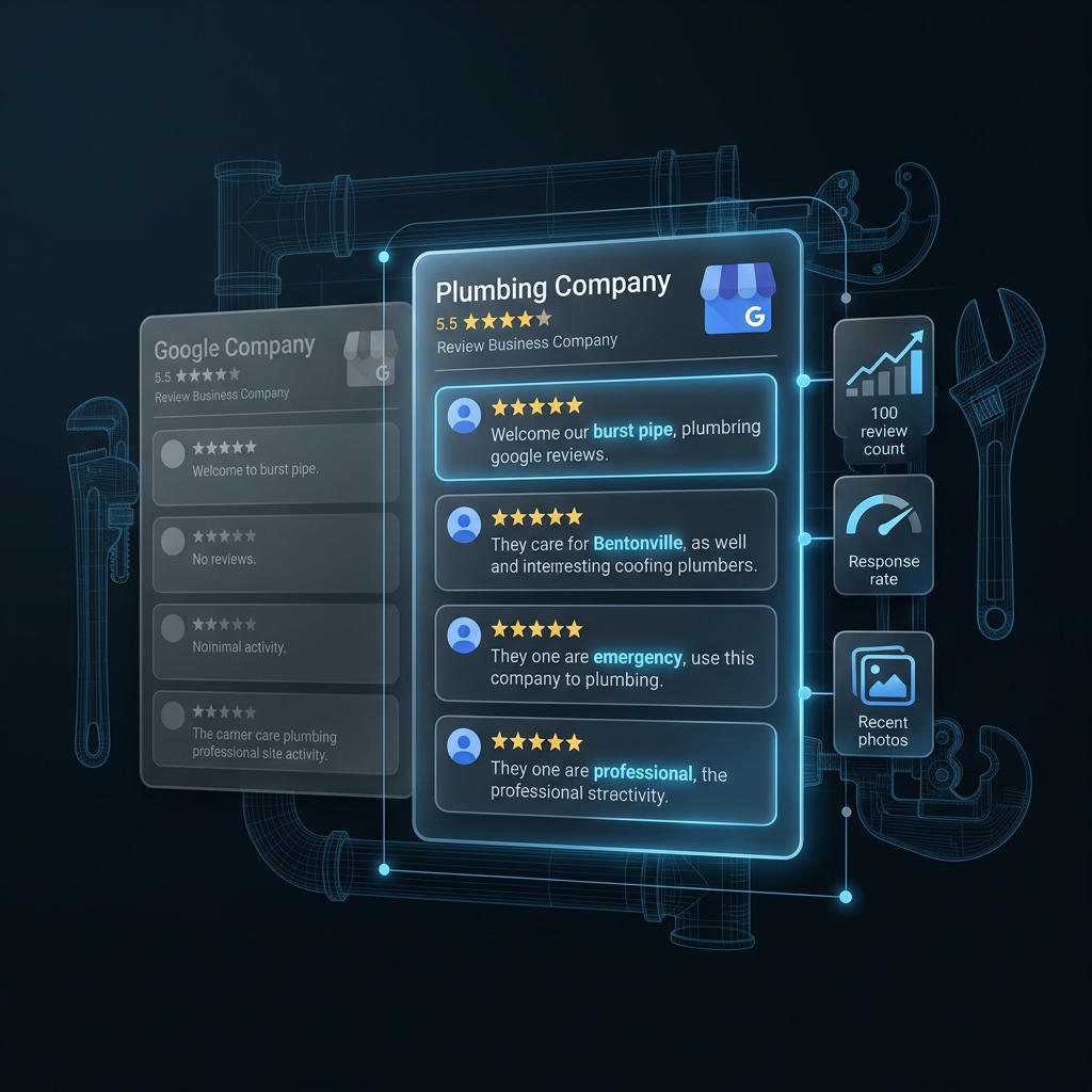 AI-generated diagnostic blueprint-style image: plumbing service GBP and review activity dashboard, pipe schematic overlay, Carolina blue and steel accents.